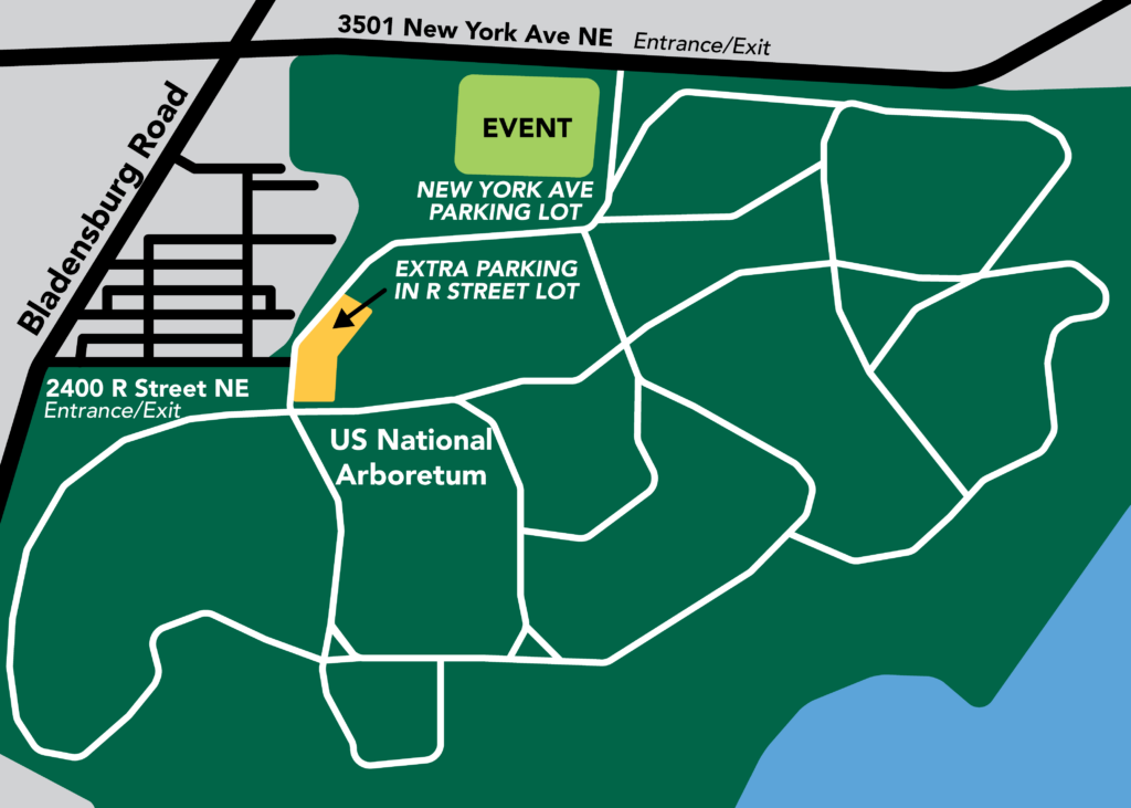 event map of the location of the winter festival and tree sale, with parking lots highlighted