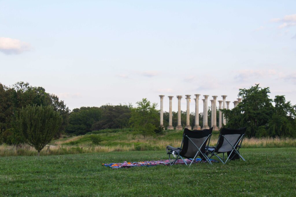 chairs and a blanket set up in the ellipse meadow with the capitol columns in the background