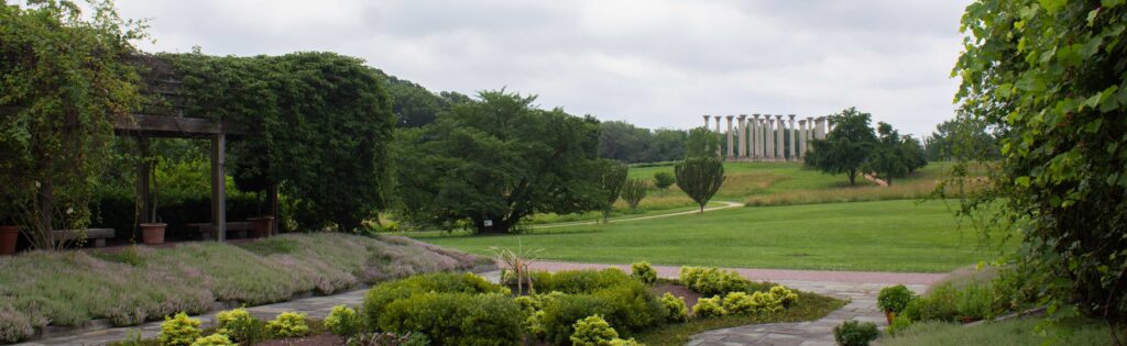 view of the capitol columns from the national herb garden, formatted as a newsletter bannner