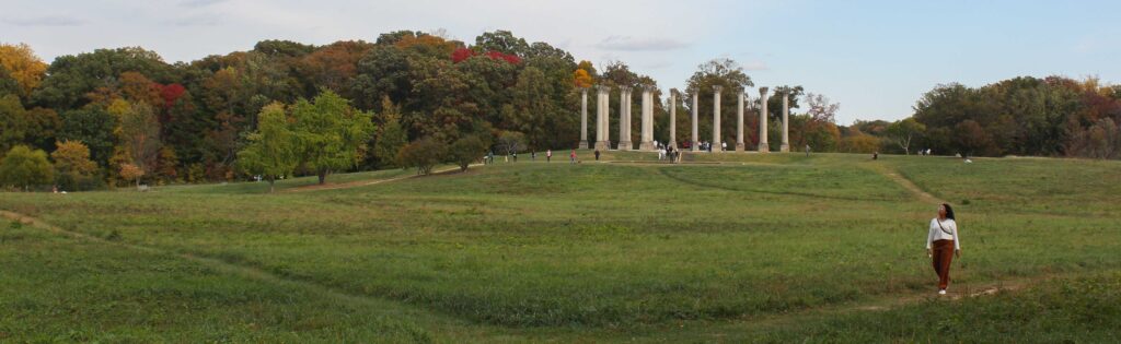 person walking through ellipse meadow with capitol columns in the background