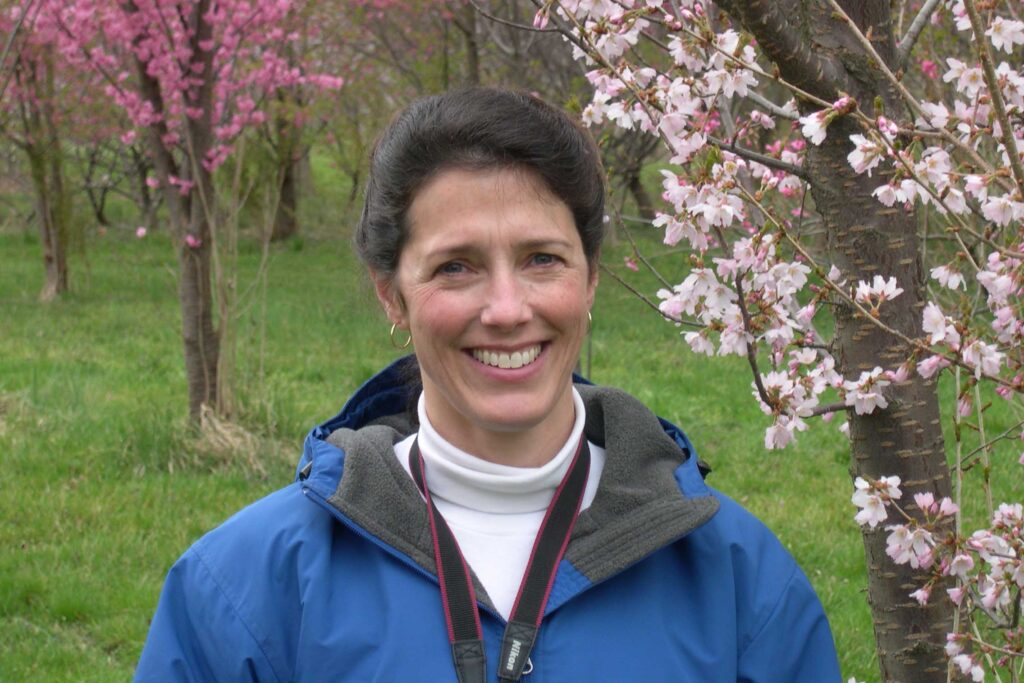 Dr. Margaret Pooler surrounded by cherry blossoms. Photo by Alan Whittemore, courtesy of the U.S. National Arboretum